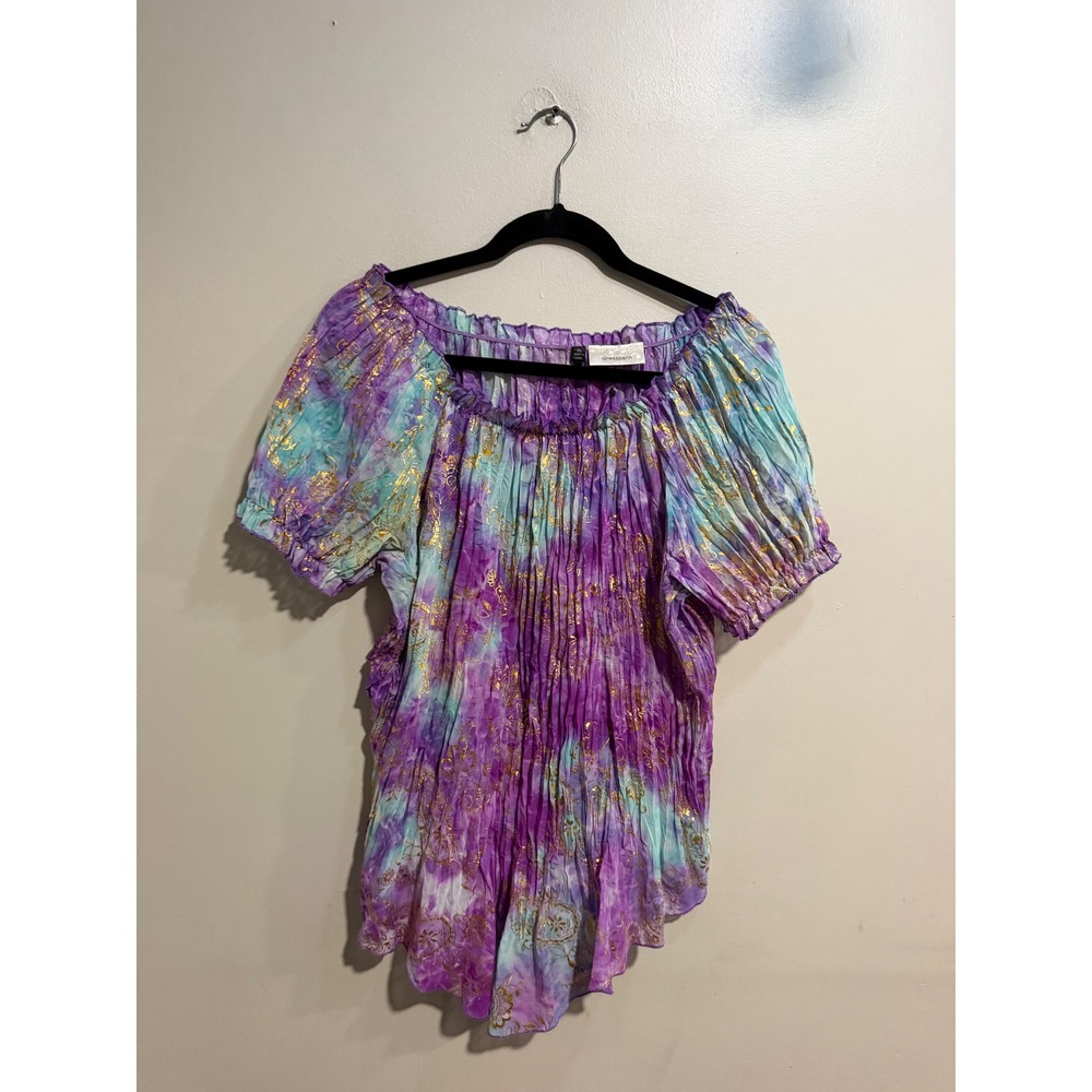 Dressbarn Womens XL Purple Teal Tie Dye Gold Foil Crinkle Peasant Top Blouse